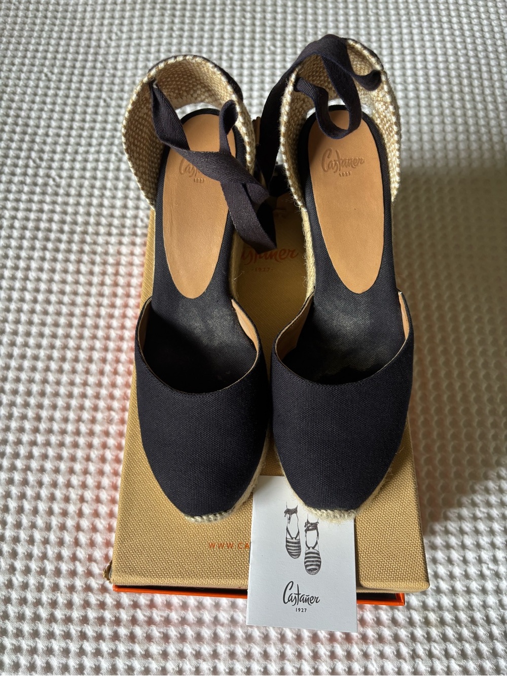 Castaner Navy Blue Canvas Espadrille Wedges with Ankle Tie Straps